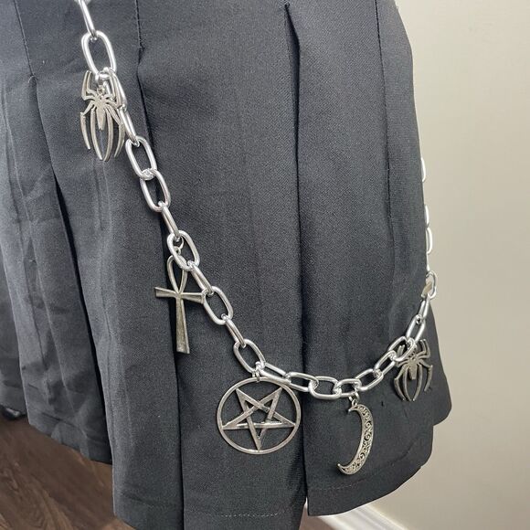 Dolls Kill The Craft Collab Black Mini pleated Belted Skirt Goth Punk Moon Star - Picture 3 of 10